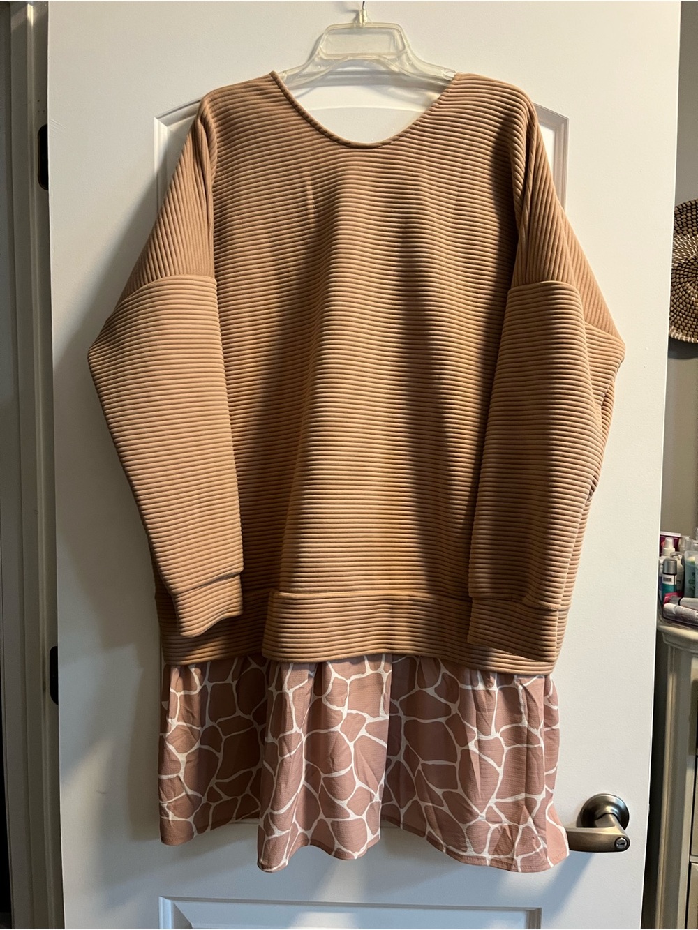 ASOS Ribbed Camel Crewneck Sweater Dress with Printed Hem